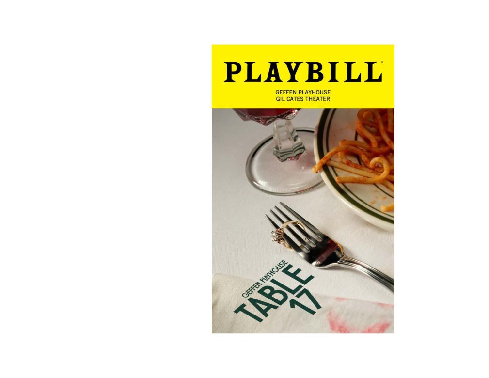 Playbill cover for Table 17 showing a fork with a wedding ring, pasta plate, wine glass, and lipstick-stained napkin