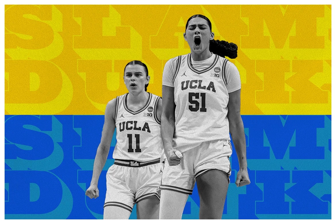 Gabriela Jaquez and teammate scream in success on the court.