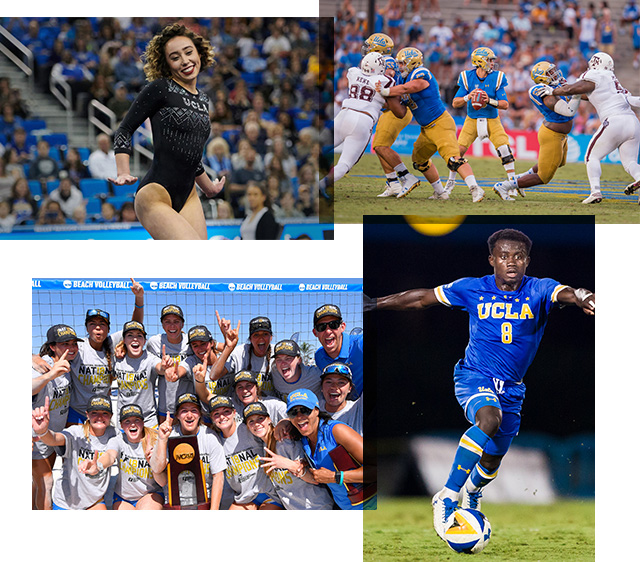 UCLA gymnastics, football, soccer and beach volleyball athletes in a four panel collage