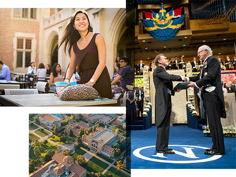 A female student getting ready to study at an outdoor table; Randy Schekman winning a Nobel Prize; A shot from above of Royce Hall and Powell Library