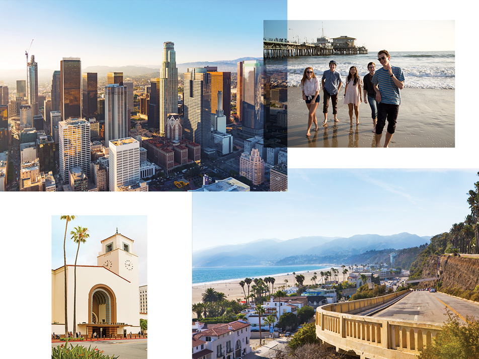 A view of downtown Los Angeles, Chinatown, a food truck and Santa Monica beach.