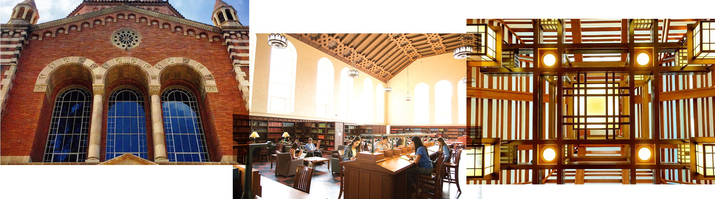 Four-image library collage including an exterior, interior and an artistic shot looking up at lights and ceiling.