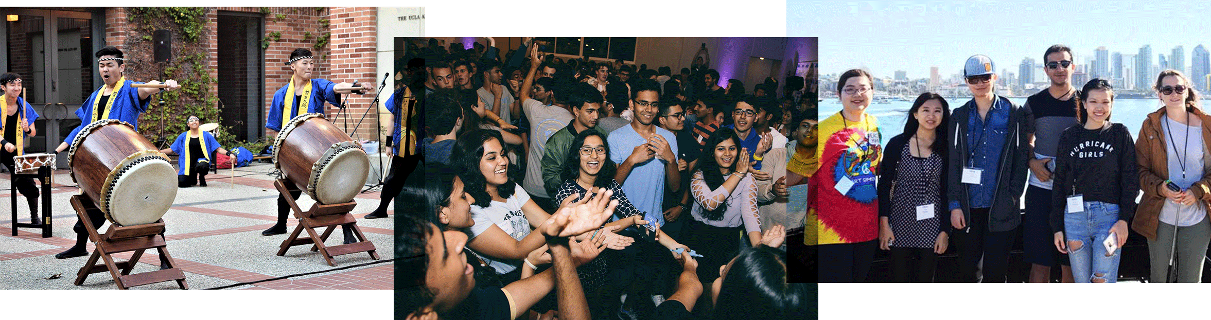 A collage of three photos, depicting international students playing drums at a talent show, students dancing together, and students posing for a photo on a trip abroad